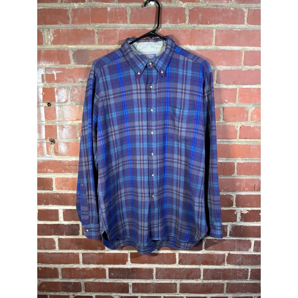 Vintage 70s Pendleton Virgin Wool Plaid Flannel Button Up Purple/Blue Mens Large
